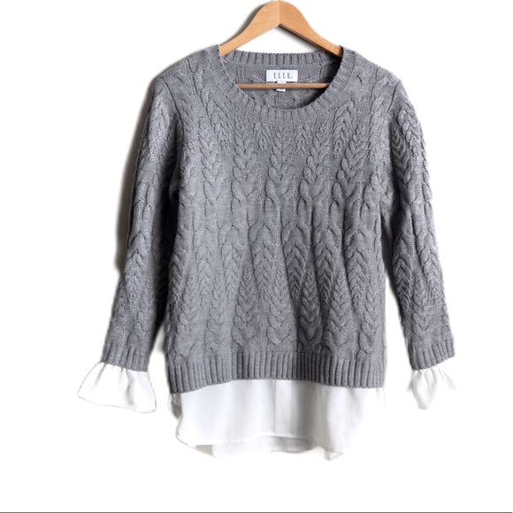 ELLE Layered Cable Knit Gray Sweater - Picture 2 of 6